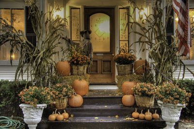 Porch of a house decorated for halloween